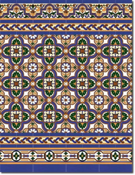 Zócalo de azulejos sevillanos pintados a mano por Cerámica Campos. Modelo 106
