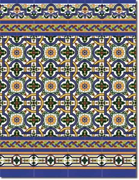 Zócalo de azulejos sevillanos pintados a mano por Cerámica Campos. Modelo 135