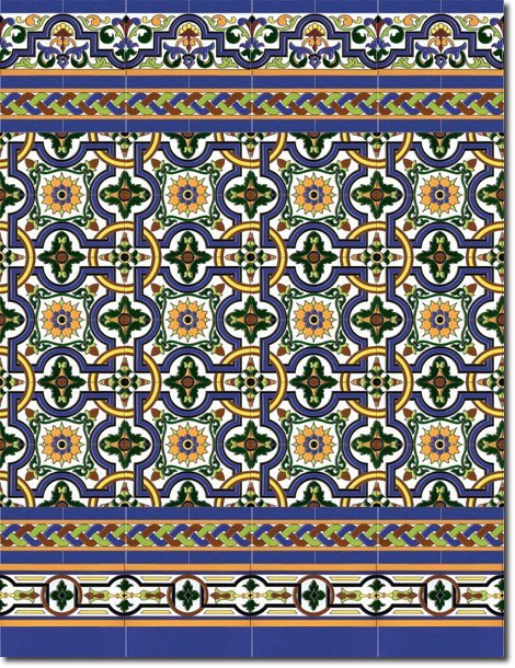 Zócalo de azulejos sevillanos pintados a mano por Cerámica Campos. Modelo 135