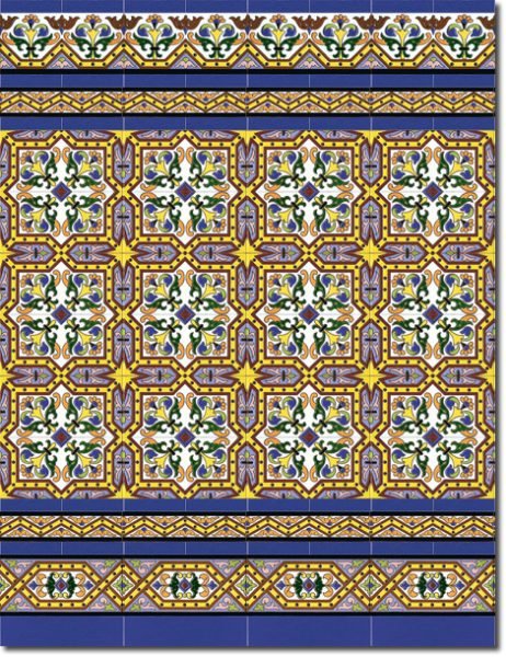Zócalo de azulejos sevillanos pintados a mano por Cerámica Campos. Modelo 184