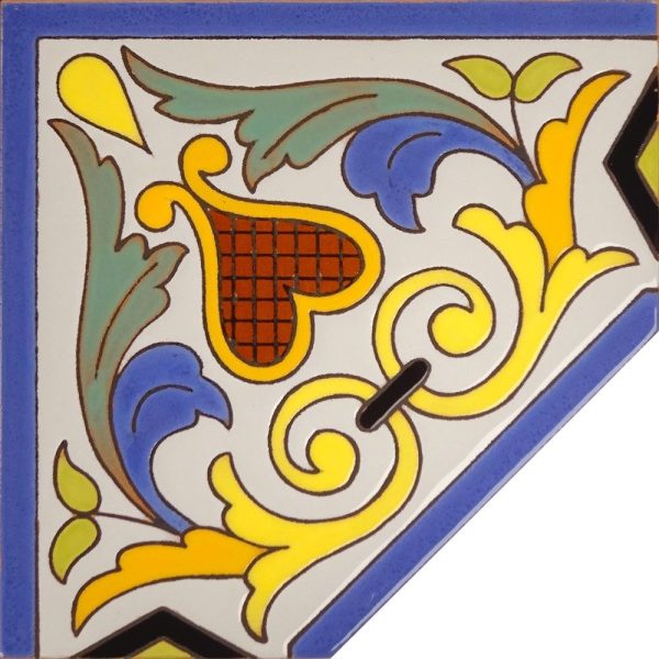 Esquina para cenefa de cerámica pintada a mano en cuerda seca por Cerámica Campos. 15x15 cm. CNEG41