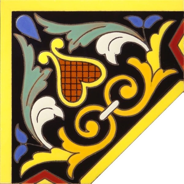 Esquina para cenefa de cerámica pintada a mano en cuerda seca por Cerámica Campos. 15x15 cm. CNEG42