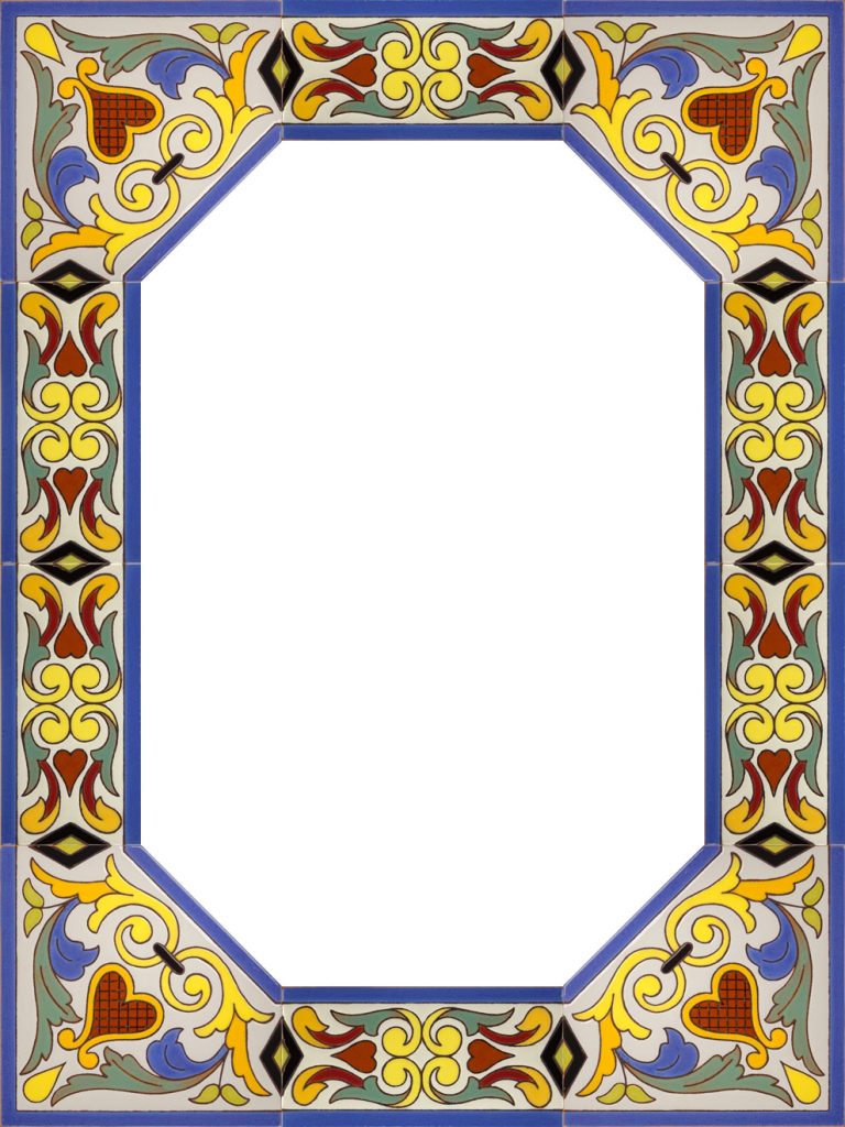 Marco para espejo realizado con cenefas de cerámica pintada a mano en cuerda seca por Cerámica Campos. 45x60 cm. CNEG414560